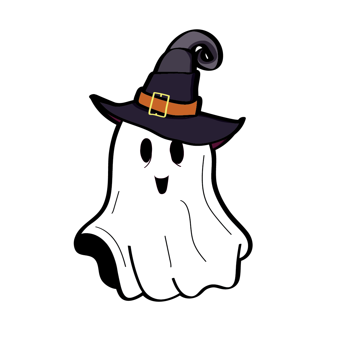 Grote losse sticker van een vrolijk spook met een heksen muts in Halloween thema. Ontwerp door Studio Dwarsdenker