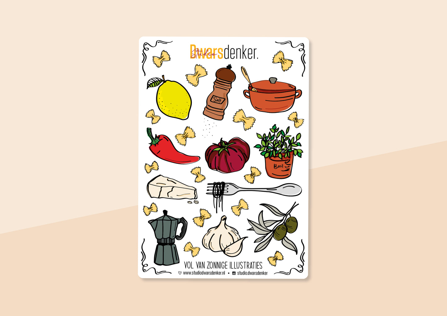 Stickervel met Italiaans kook thema. Bestaande uit ongeveer 27 stickers van Italiaanse ingrediënten waaronder basilicum, olijven, pasta, spaghetti etc en een percolator. Ontwerp door Studio Dwarsdenker.