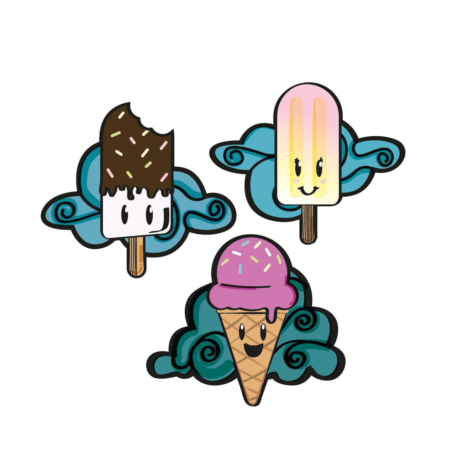3 stickers in zomers thema. Bestaande uit drie ijsjes met lachende gezichtjes en wolkjes op de achtergrond. kleuren; blauw, geel, roze, bruin. Ontwerp door Studio Dwarsdenker