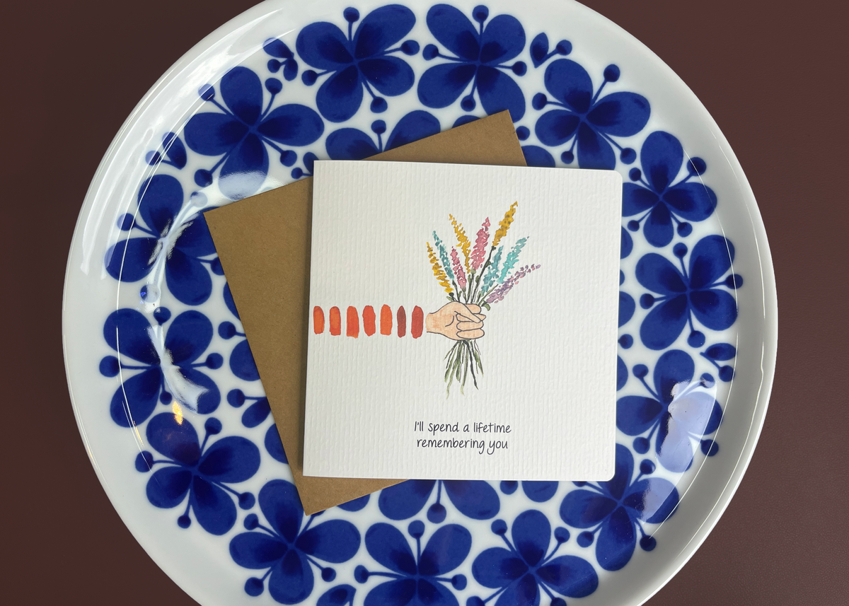 13,5 x13,5 cm wenskaart met waterverf illustratie. De binnenkant is blanco. Ontwerp door studio dwarsdenker