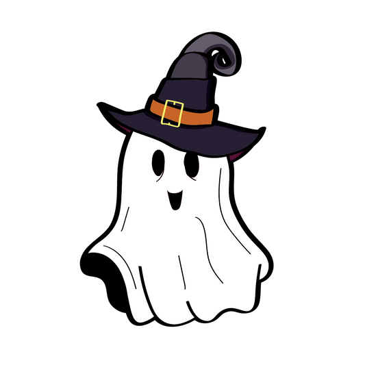 Grote losse sticker van een vrolijk spook met een heksen muts in Halloween thema. Ontwerp door Studio Dwarsdenker
