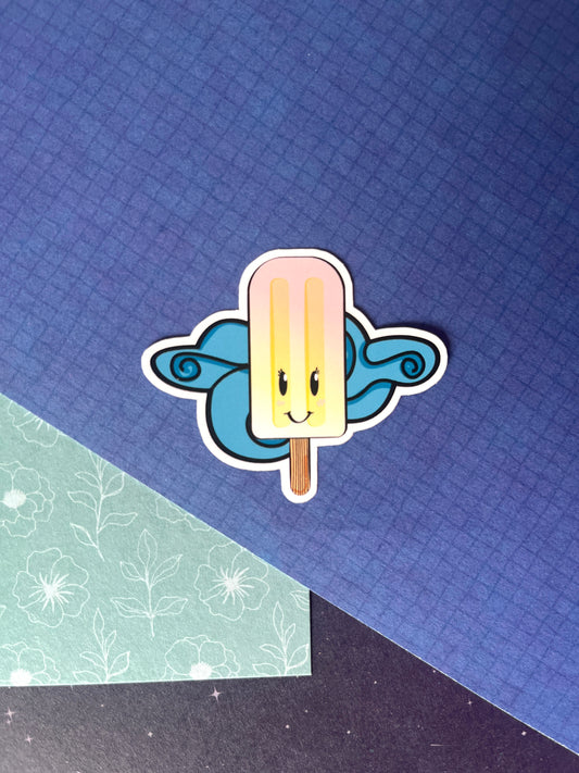 Sticker in zomers thema. Bestaande uit een roze ijsje met lachend gezichtje en een wolkje op de achtergrond. kleuren; blauw, geel, roze, bruin. Ontwerp door Studio Dwarsdenker