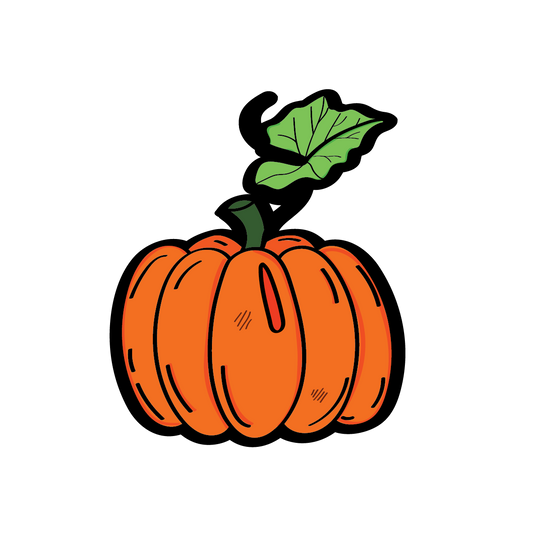 Grote losse sticker in herfstthema in de vorm van een oranje pompoen met blad eraan. Ontwerp door Studio Dwarsdenker