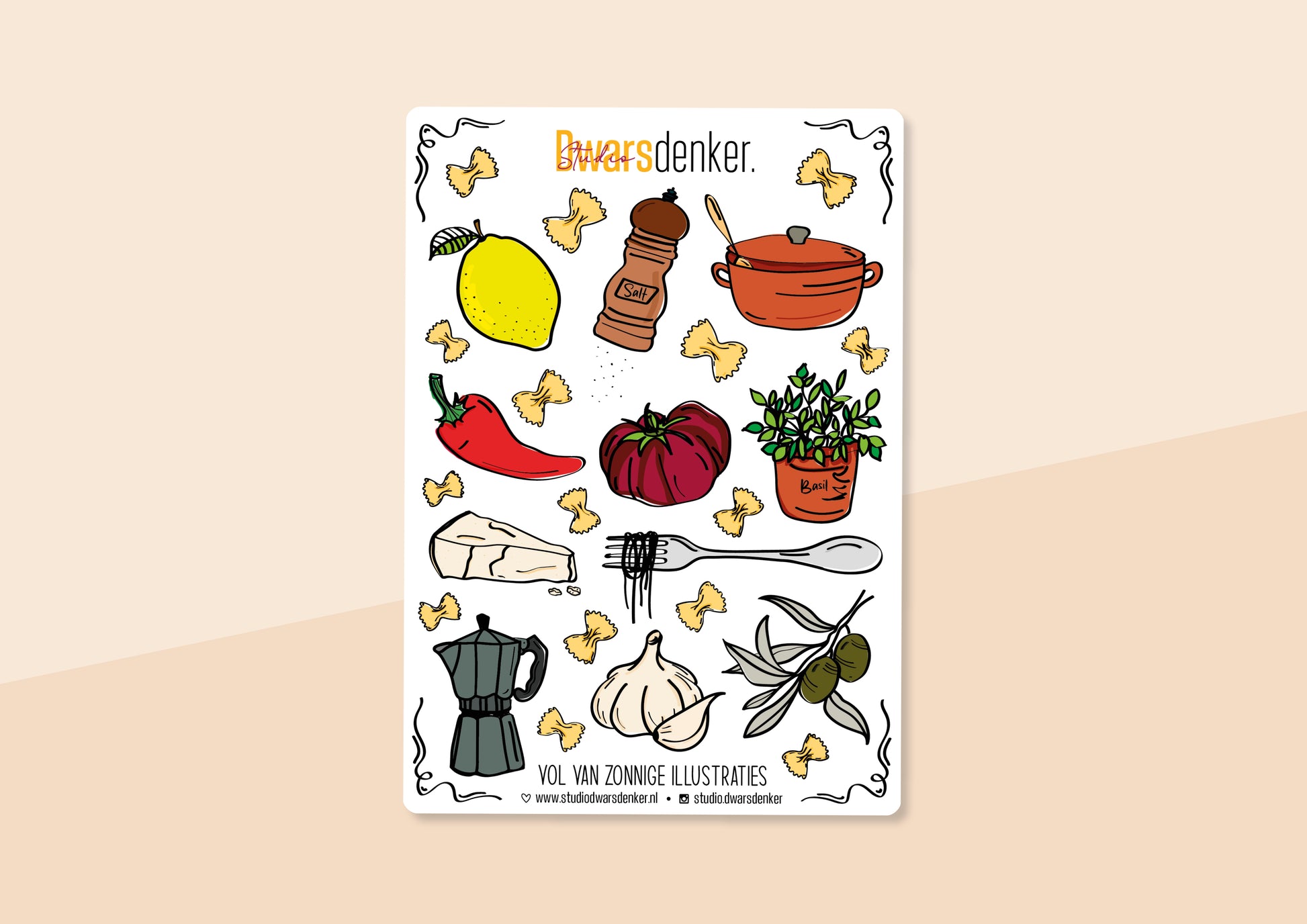 Stickervel met Italiaans kook thema.  Bestaande uit ongeveer 27 stickers van Italiaanse ingrediënten waaronder basilicum, olijven, pasta, spaghetti  etc en een percolator. Ontwerp door Studio Dwarsdenker.