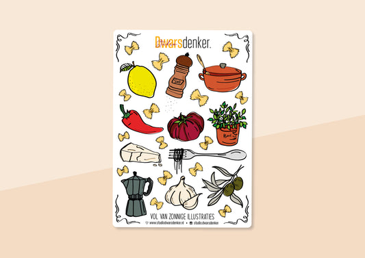 Stickervel met Italiaans kook thema.  Bestaande uit ongeveer 27 stickers van Italiaanse ingrediënten waaronder basilicum, olijven, pasta, spaghetti  etc en een percolator. Ontwerp door Studio Dwarsdenker.